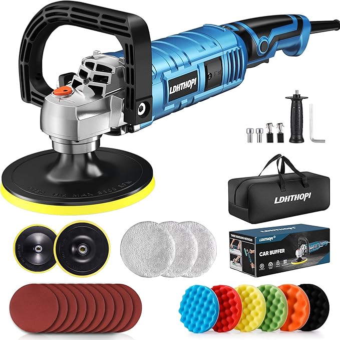 LDHTHOPI Buffer Polisher Kit for Car - 6/7 Inch Rotary 1600w Polisher Buffer Waxer,7 Variable Speed 1000-3500rpm,Detachable Handle Buffing Machine for Car, Boat Sanding, Polishing Waxing, Blue 2