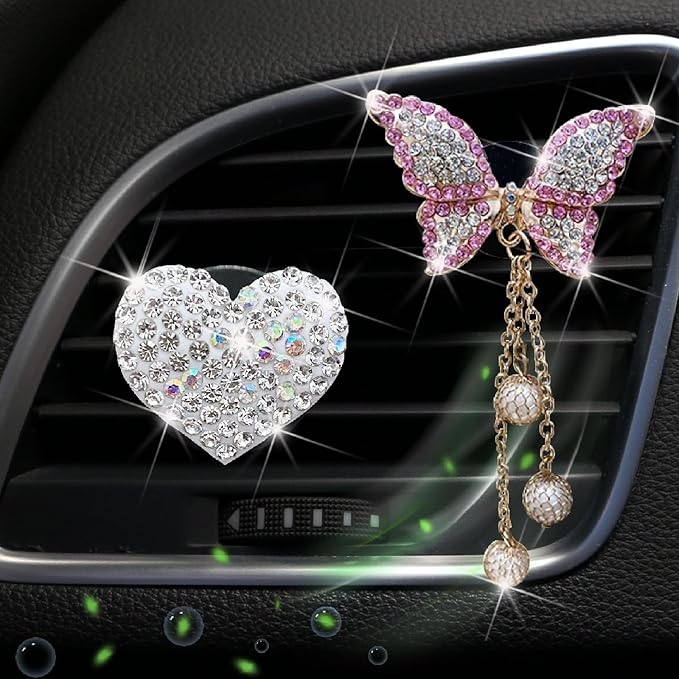 2 Pcs White Bling Rhinestone Heart + Pink Butterfly Clip Accessories Air Conditioning Outlet Clip Car Air Freshener Dashboard Accessories Charm Car Inter Decor Cute Interior Accessories for Women