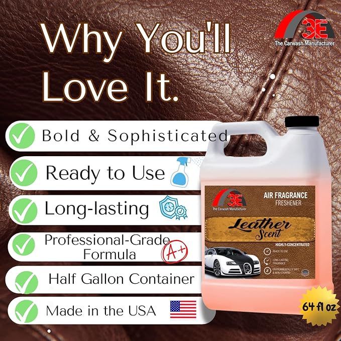 3E Car Air Freshener Concentrate – 64 oz – Professional Automotive Fragrance – Multiple Scents (Leather Smell)