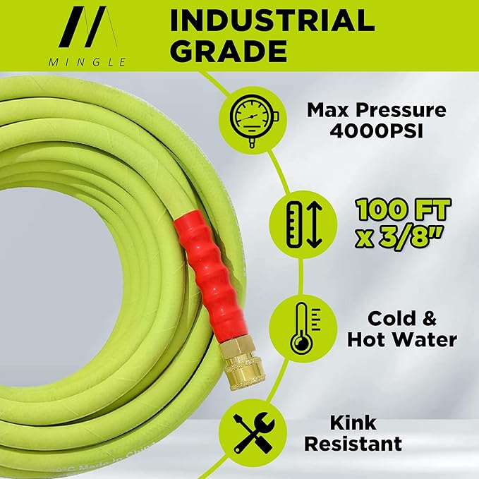 M MINGLE Pressure Washer Hose 100 FT x 3/8" - Replacement Power Wash Hose for Hot and Cold Water - High Pressure Hose with M22 14mm to 3/8 Inch Quick Connect Fittings - 4000PSI