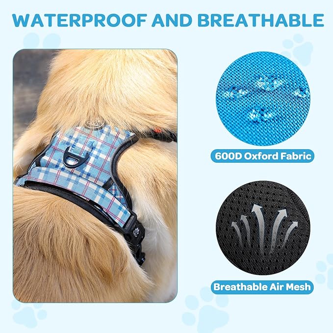 FURRYFECTION Plaid Dog Harness for Large Dogs, Reflective No Pull Adjustable Pet Vest with Front Clip, Leash, Easy Control Handle and Seat Belt, Blue&White, L