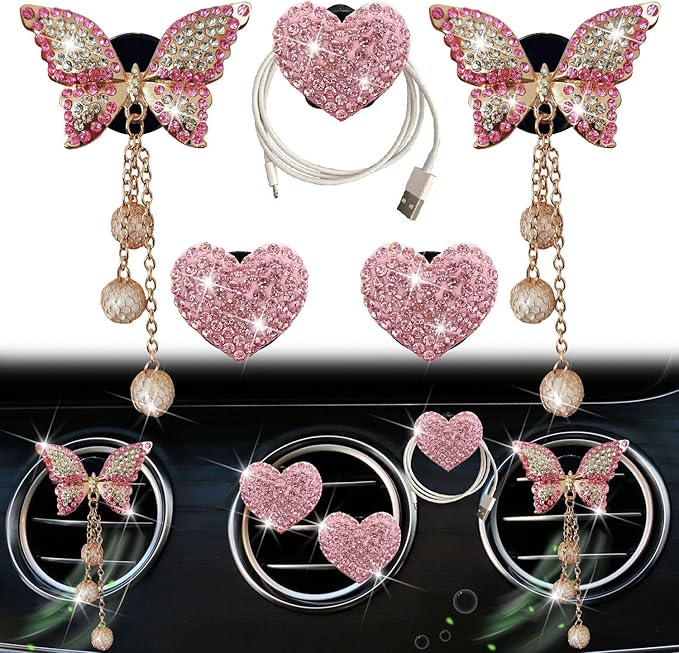 Pink Heart & Butterfly Air Vent Clips, 4 Pcs Bling Heart & Butterfly Air Fresheners Vents Clips Diamond Car Interior Decor Bling Cute Pink Car Accessories Decoration for Women + Heart Mask Hook