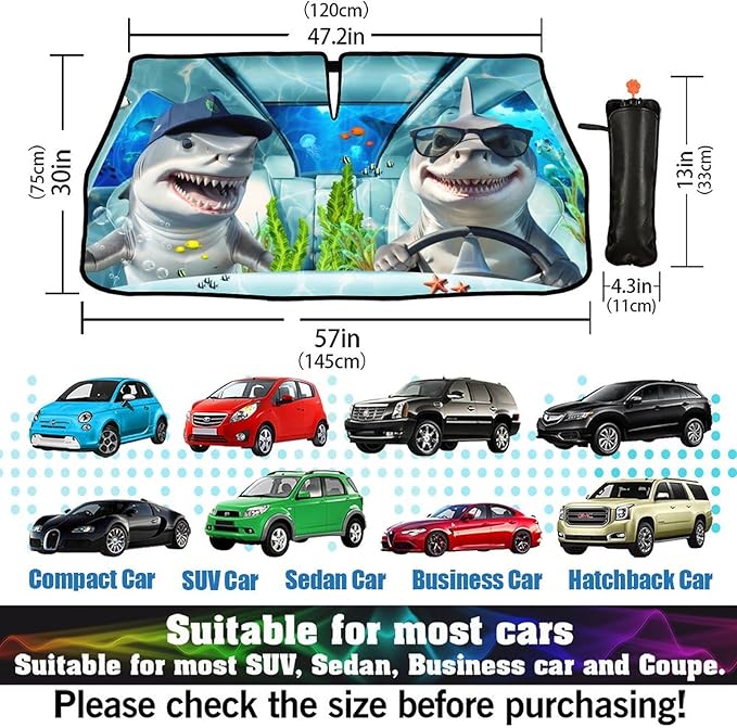 Funny Sharks Car Windshield Sunshade Umbrella Sharks Driving Sun Shade for Car Windshield Umbrella Upgraded Sunshades Blocks UV & Heat Front Window Shades for SUV Sedan Auto