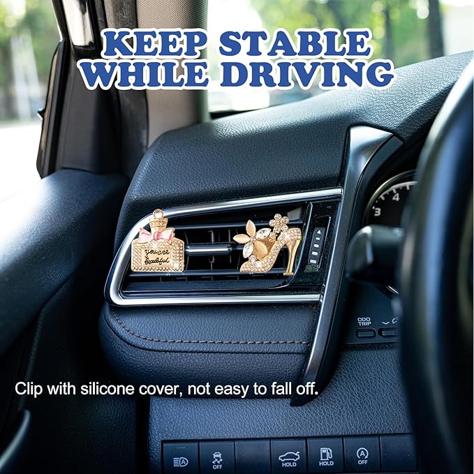 4PCS Bling Air Freshener Vent Clip, Crystal Diamond High Heel Shoe Bag Crown Perfume Bottle Diffuser Vent Clip Cute Car Bling Accessories Decoration for Women (Gold)