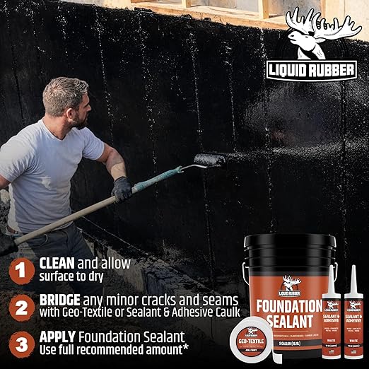 Liquid Rubber Basement and Foundation Repair Sealant - Waterproof Concrete Sealer & Crack Filler - Flexible Coating for Indoor & Outdoor Use - Waterproofing Paint - Black, 1 Gallon