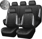 CAR PASS Bling Diamond Leather Car Seat Covers Full Seats Interior Sets, Waterproof Shining Glitter Sparkly Crystal Universal Armrest Fit Automotive Truck SUV Cute Women Girl, Black Silver Rhinestone