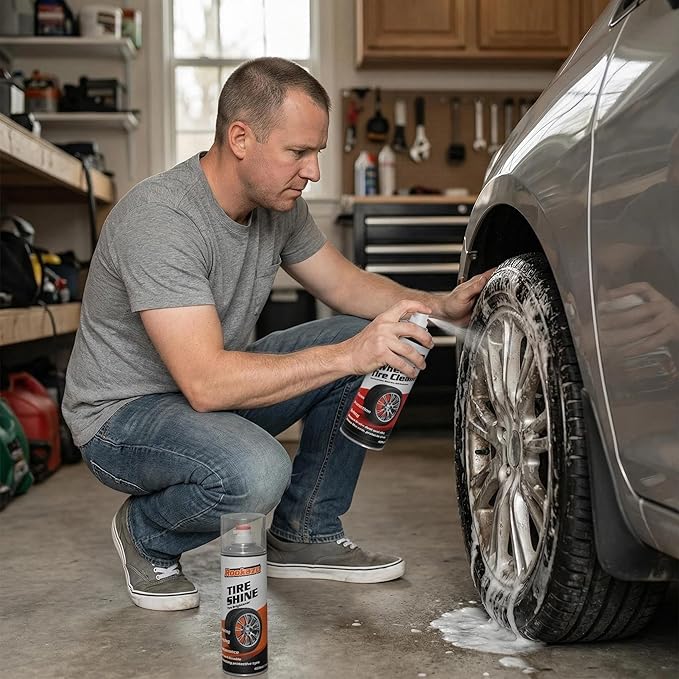 Wheel Cleaner & Tire Shine Kit - 2 Pack 14 oz Bottles, Heavy Duty Car Care Bundle with Cleaning Wheel Cleaner, Long-Lasting Tire Shine Spray & Wash Brush – Complete Car Detailing Essential