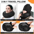 Travel Pillow - Hooded Neck Pillow Airplane Memory Foam Filling for Plane, Office, Cars Sleeping, Road Trip, Long Flights, Portable Plane Accessories, Includes Eye Mask & Earplugs (Black)