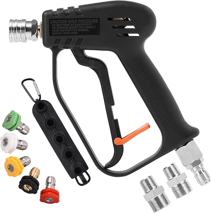 JOEJET Pressure Washer Gun with Swivel, Short Power Washer Gun with 5 Spray Nozzle Tips, 3/8" Quick Connect Plug and M22-14/15mm Fittings