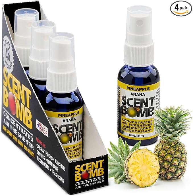 Scent Bomb Air Freshener Spray, Long-Lasting Odor Eliminator - Effective Deodorizer for Home & Car, Fresh Room Spray for Kitchen, Bathroom & Smell Neutralizer - 1 oz Pack of 4, Pineapple Scent