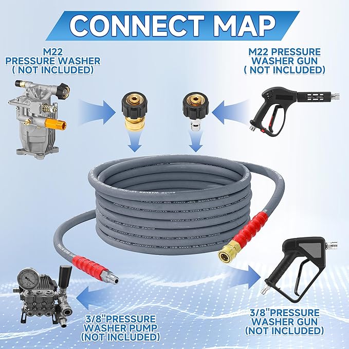 RIDGE WASHER Pressure Washer Hose 25 Ft, 4000 PSI Power Washer Hose with 3/8 Inch Quick Connect for Hot and Cold Water, Gray Non Marking Hoses, M22 14 mm Fitting