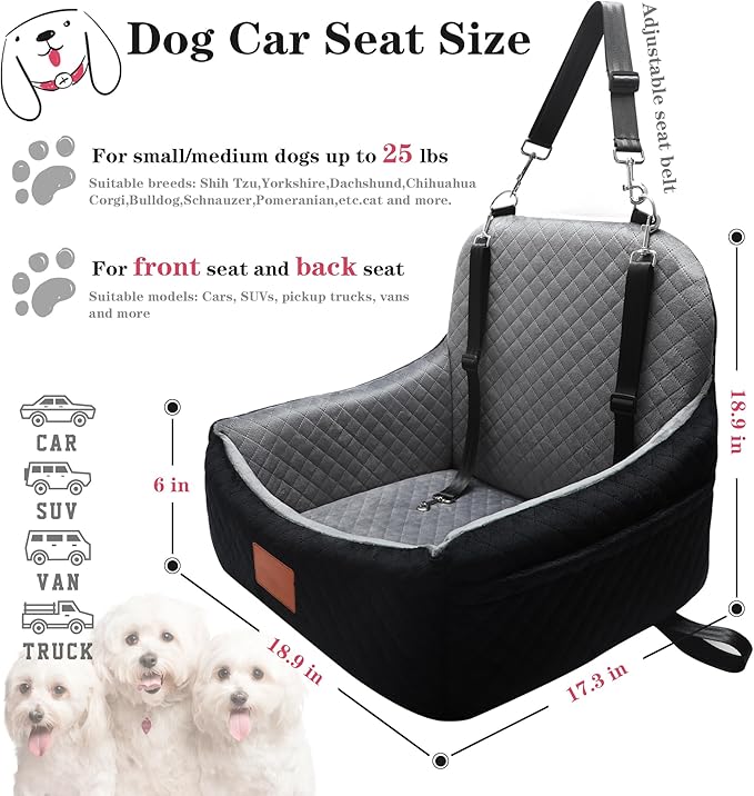 Small Dog Car Seat for Small Dogs Under 30 lbs, Memory Foam Pet Car Seat with Washable Cover, Safety Belts & Side Storage Pockets, Portable Travel Bed for SUV/Sedan (Black/Grey)