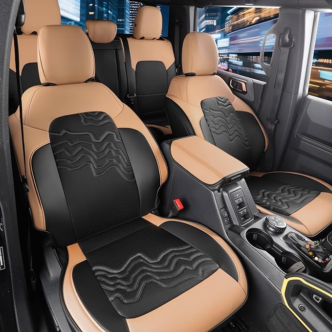 for Ford Bronco Seat Cover 4-Door Full Set 2021 2022 2023 2024 2025 (Not Fit Sport/Raptor) with Backrest and Armrest 14PCS (F-Black+Orange)