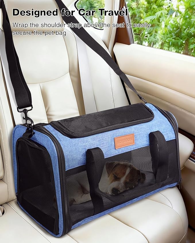 Pet Carrier Airline Approved 17x11x9.5 in - Underseat, Top & Side Entry Soft Dog Cat Travel Carrier with Safety Zippers ＆ Anti-Scratch Mesh for Small Cat and Dog for Pets Up to 10 Lb - Blue