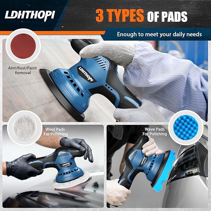 Cordless Polisher, 12V 2000mAh Battery Dual Action Polisher, 8 Variable Speed, 2600-6000OPM for Car Detailing, for Car, Boat, Wall, Floor, DIY (2 Batteries)