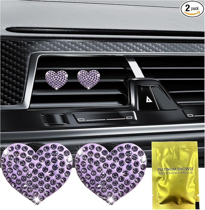 Ziciner 2PCS Bling Heart Car Air Vent Clips Charms, Heart Shaped Crystal Car Air Freshener Vent Clips, Rhinestone Air Conditioning Outlet Clip, Vehicle Decor Accessories for Women Girls (Purple)