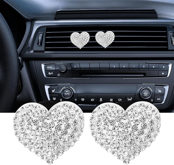 2PCS Bling Air Vent Clips, Heart Shaped Crystal Air Conditioning Outlet Clip, Girl Car Accessories Air Vent Clip Universal for Most Car, Truck, SUV
