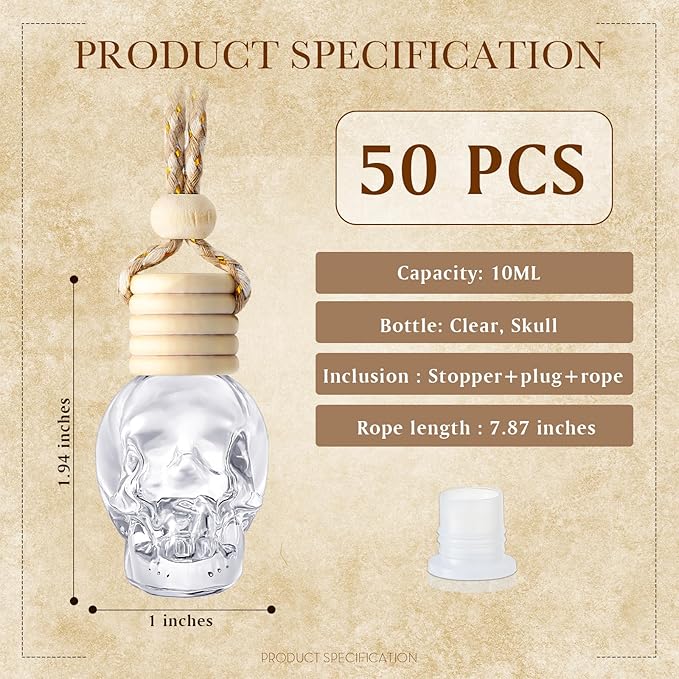BBTO 50 Pcs Hanging Car Air Freshener Car Diffuser Bottles Empty Glass Perfume Bottle Freshener Diffuser Bottle Pendant for Essential Oil Fragrance Aromatherapy Bottle Ornament(Skull)