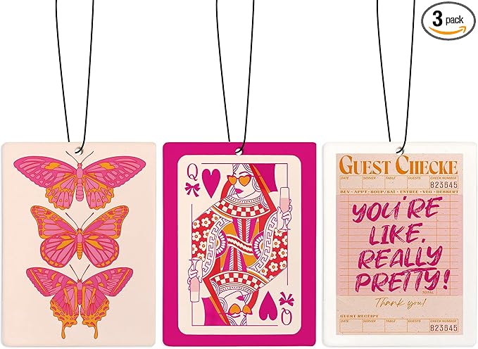 Cute Coquette Pink and Orange Air Freshener for Car, Preppy Butterfly Queen Card Guest Check Air Freshener Hanging 3 Pcs for Cars Closet Drawer or Books, Girly Car Mirror Decor for Women