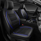 CAR PASS Universal FIT Piping Leather Two Front Seat Covers, Waterproof Faux Leather for SUV Sedan Van Truck, Airbag Compatible,Reserved Opening Holes for Headrest Covers. (Black and Blue)