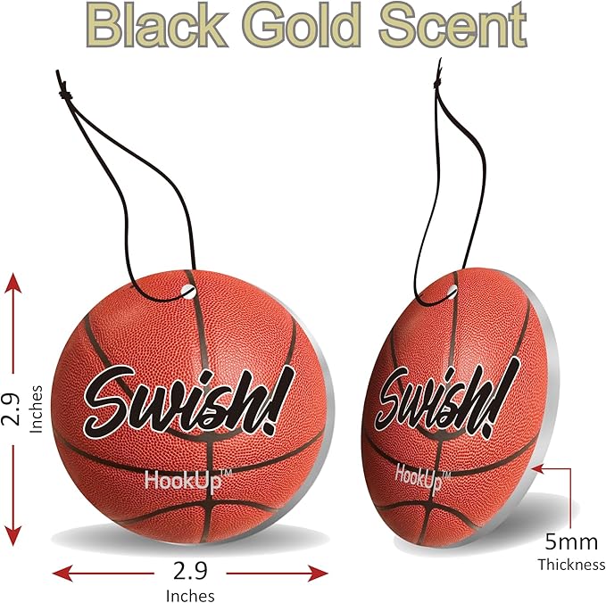 Basketball Car Air Freshener by HookUp - 2 Pack - Black Gold Scent (Extra Strong) | Unique Basketball Gift for Players, Coach, Fans | Hanging Car Accessory with Long Lasting Fresheners Smell