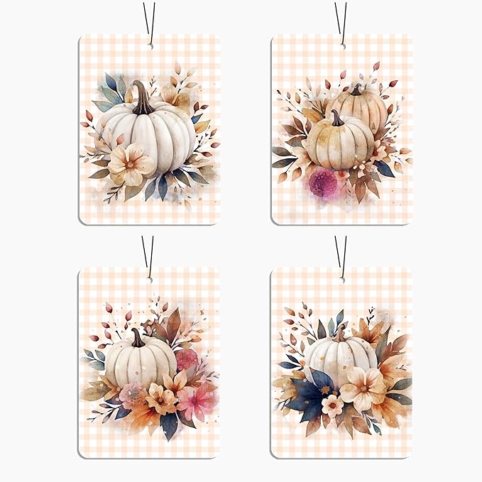 Fall Pumpkin Car Air Freshener 4 Pcs, Watercolor Floral Scented Hanging Decor for Women, Vehicles Home Office, Autumn Harvest Mirror Accessory Gift
