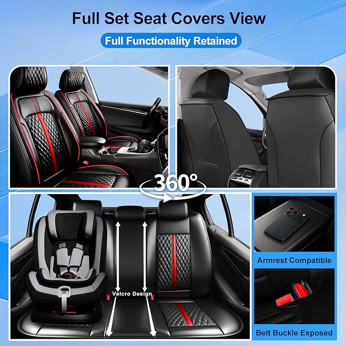 Fit Blazer Car Seat Covers (Front Pair) for Select Chevrolet/Chevy Blazer 2019-2026 - Premium Full Coverage Leather, Airbag Compatible, Waterproof All Weather Seat Cushion Protector, Red Trim