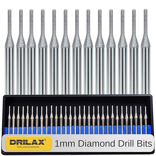 Drilax 30-Piece 1mm Diamond Drill Bits Set – 1/8 Shank Compatible with Dremel Rotary Tools – Precision Diamond Dremel Bits for Jewelry Making, Stone, Glass, Ceramic, Sea Glass, & Gemstones
