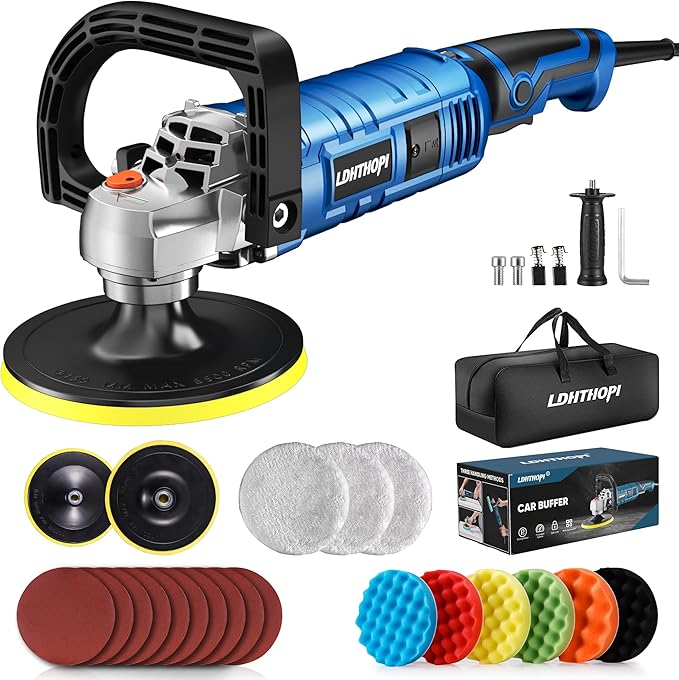 LDHTHOPI Buffer Polisher Kit for Car - 6/7 Inch Rotary 1600w Polisher Buffer Waxer,7 Variable Speed 1000-3500rpm,Detachable Handle Buffing Machine for Car, Boat Sanding, Polishing Waxing, Blue 3