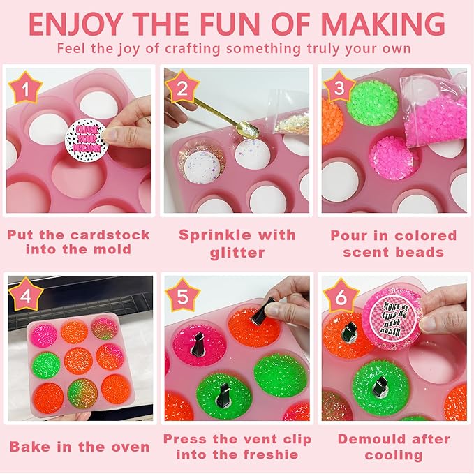 MUBYOK M538 Scented Car Vent Freshie Supplies Starter Kit,DIY 9 Car Air Fresheners with 250g Midnight Ice Aroma Beads,2 inch Circle Silicone Molds,Vent Clip,Glitter & CardStock