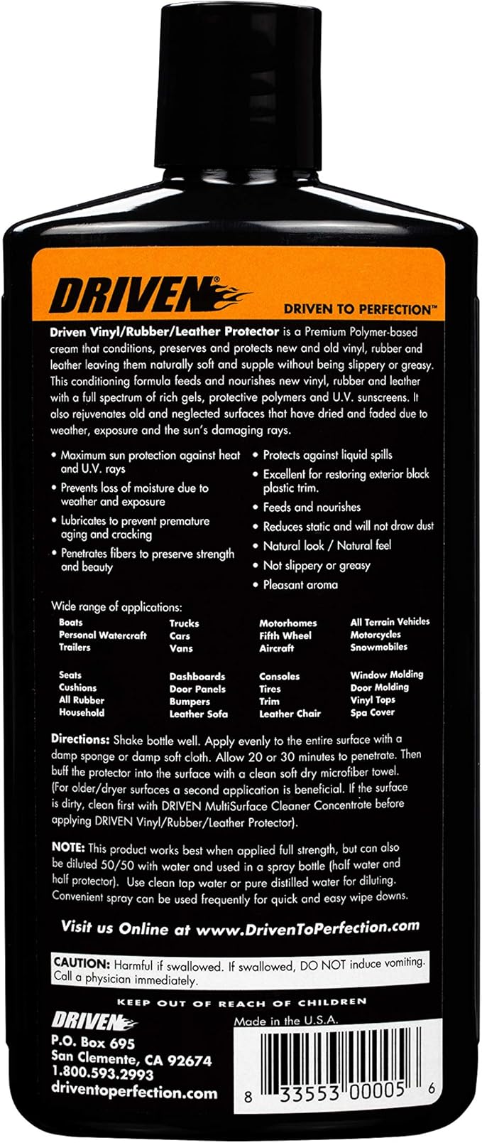 DRIVEN Vinyl/Rubber/Leather Protector with Rich Gels, Protective Polymers & UV Sunscreen - for Car, Boat, RV Interiors, Furniture, Apparel, Boots, & More - Prevents Fading, Cracking & Discoloration
