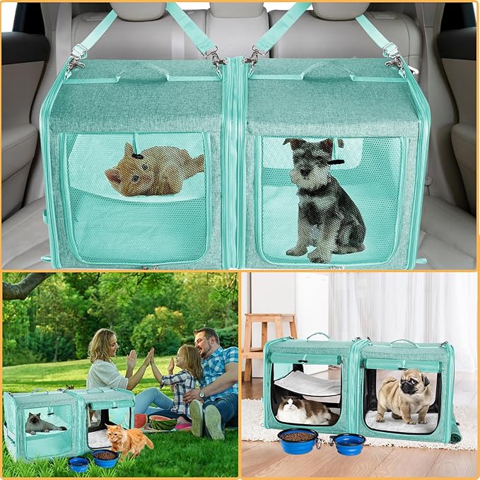 Suertree Large Cat Carrier for 2 Cats with Zipper Locks, Double Cat Carrier with Travel Litter Box, Soft Pet Travel Carrier for Cats and Small Dogs Up to 45 Lbs, Green