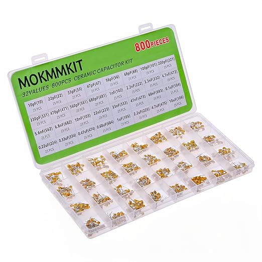 32 Values 800 Pieces Ceramic Capacitor Assortment Kit Capacitors from 10pf to 10uF 50V Multilayer Monolithic Capacitor