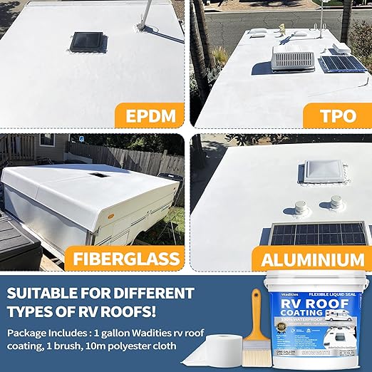 RV Roof Coating White, Wadities Waterproof Solar Reflective Sealant, Flexible RV Roof Sealant for Campers, Trailers, Motorhomes, Metal Buildings and Leak Repairs - 1 Gallon
