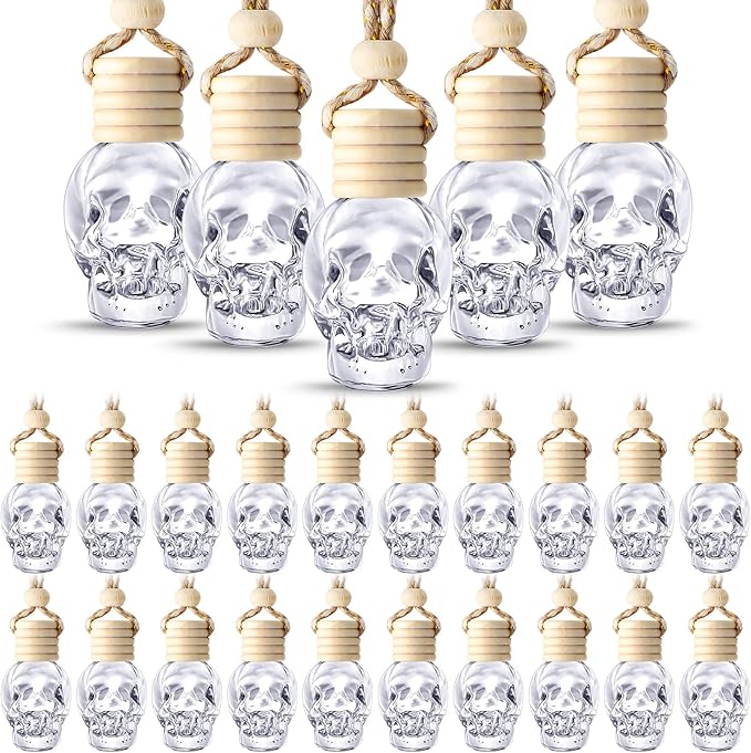 BBTO 50 Pcs Hanging Car Air Freshener Car Diffuser Bottles Empty Glass Perfume Bottle Freshener Diffuser Bottle Pendant for Essential Oil Fragrance Aromatherapy Bottle Ornament(Skull)