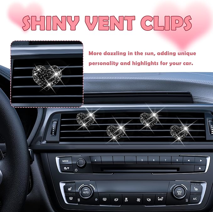 4PCS Heart-Shaped Car Vent Clips with Rhinestone,Bling Air Vent Clips Car Decorations,Premium Shiny Car Clips for Vents Accessories Interior (Black)