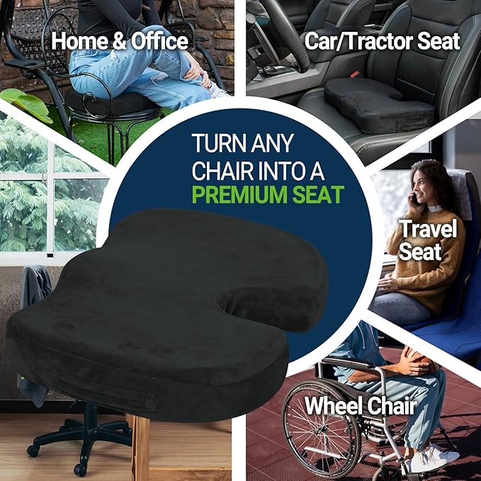 Gel Seat Cushion for Car Office - Memory Foam Pain Relief Chair Pillow Cushions - Tailbone Sciatica Coccyx Butt Lumbar Support Pad for Sitting Driving Traveling, Velvet, Black
