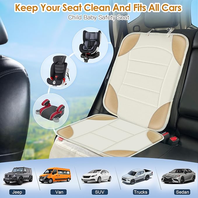 Sinvitron Car Seat Protector for Child Car Seat - Waterproof Non-Slip Leather Mat with 2 Mesh Pockets, Universal Seat Cover for Baby, Pets & Vehicles(2-Pack,Off-White)
