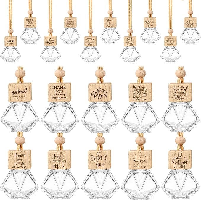 20 Pcs Thank You Appreciation Gift Bulk Car Diffuser Air Freshener Ornament Hanging Empty Glass Essential Oil Bottle Employee Gifts for Employee Teacher Staff Volunteer Coworker