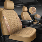 CAR PASS Bling Diamond Beige Leather Car Seat Covers Full Sets Interior Set, Waterproof Shining Glitter Sparkly Crystal Universal Armrest Fit for Automotive Truck SUV Cute Women Girl, Beige Rhinestone