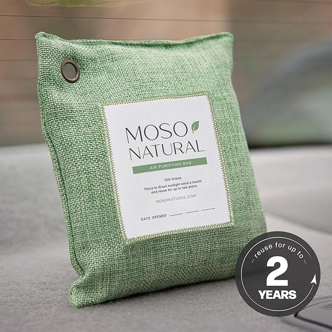 Moso Natural Air Purifying Bag 200g (3 Pack). A Scent Free Odor Eliminator for Cars, Closets, Bathrooms, Pet Areas. Premium Moso Bamboo Charcoal Odor Absorber. Two Year Lifespan! (Green)