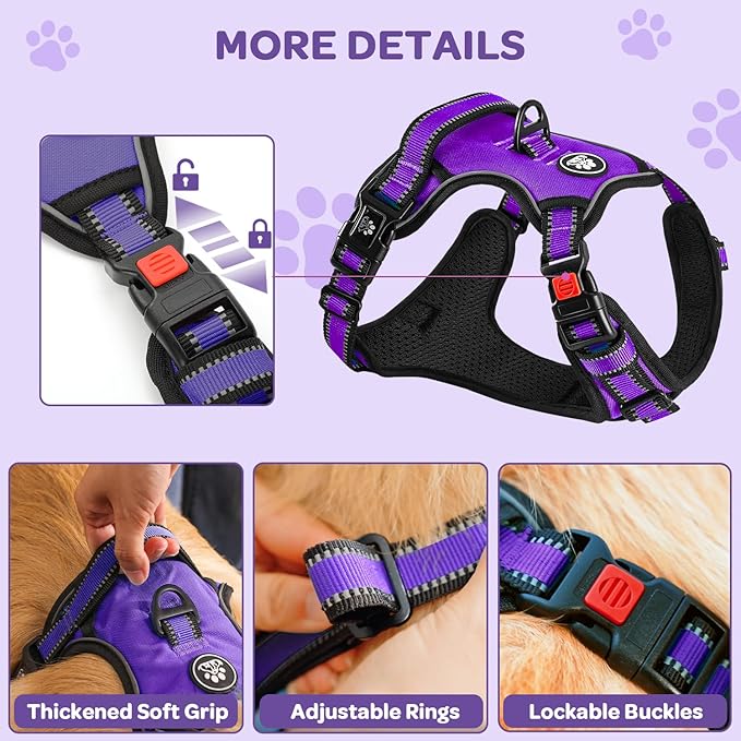 FURRYFECTION Plaid Dog Harness for Large Dogs, Reflective No Pull Adjustable Pet Vest with Front Clip, Leash, Easy Control Handle and Seat Belt, Purple, L