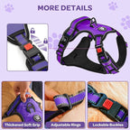 FURRYFECTION Plaid Dog Harness for Large Dogs, Reflective No Pull Adjustable Pet Vest with Front Clip, Leash, Easy Control Handle and Seat Belt, Purple, XL