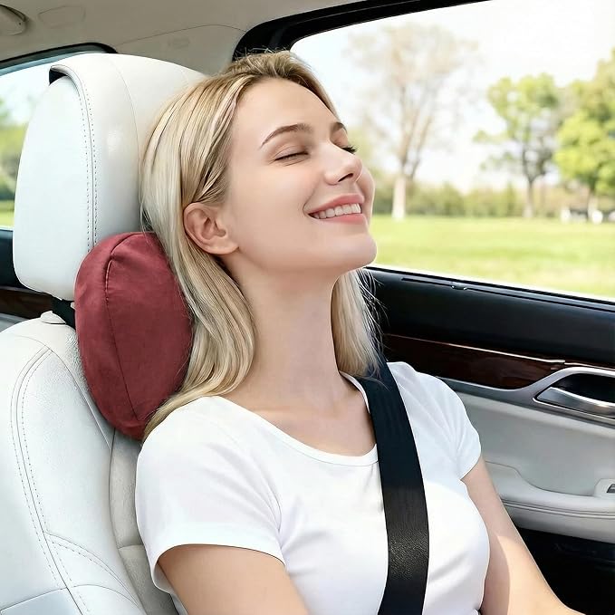 2PCS Car Pillow for Car Neck Pillow for Driving Seat Neck Support Soft Cushion Back Support Head-Rests for Vehicle Sleeping with Elastic Adjustment Strap (Red, Head)