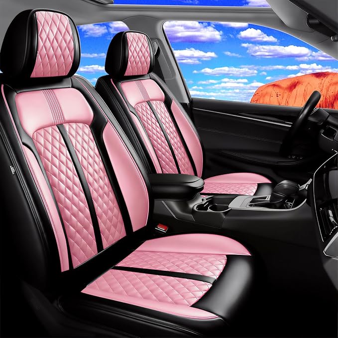 Fit CX-5 Car Seat Covers for Select Mazda CX5 2013-2024 2025 2026 - Premium Full Coverage Leather, Airbag Compatible, Waterproof & All Weather Seat Protector, Full Set, Black+Pink