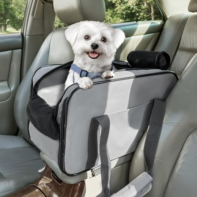 PETSFIT Multipurpose Console Dog Car Seat, Portable Small Dog Car Seat for Dogs, Cat Carrier, Pet Carrier Airline Approved with Safety Tether and Pockets (Light Grey)