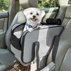 PETSFIT Multipurpose Console Dog Car Seat, Portable Small Dog Car Seat for Dogs, Cat Carrier, Pet Carrier Airline Approved with Safety Tether and Pockets (Light Grey)