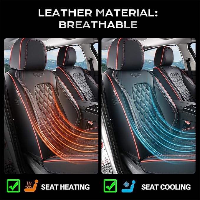 Coverado Full Set Car Seat Covers, Luxury Faux Leather Waterproof Seat Covers, 5-Seat Universal Fit, Front & Back Car Seat Protectors,Leather Seat Covers for Most Cars-Black & Red Line