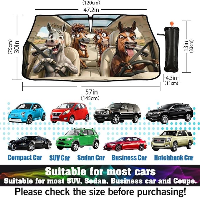 Funny Horse Car Windshield Sun Shade Umbrella Funny Horse Sunshades for Car Windshield Upgraded Sun Visor Protector for Sedan SUV Most Vehicles Printed Front Window Shades