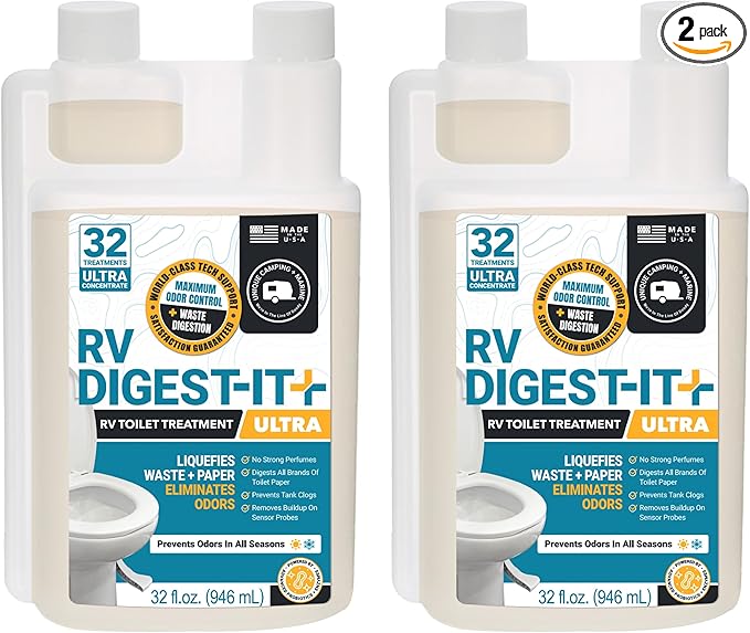 Unique RV Digest-It Ultra Super Concentrated RV Toilet Treatment, 64 Uses - Eliminates Smells and Liquifies Waste, Preventative Bio-Enzymatic Holding Tank Treatment (32 oz, Pack of 2)